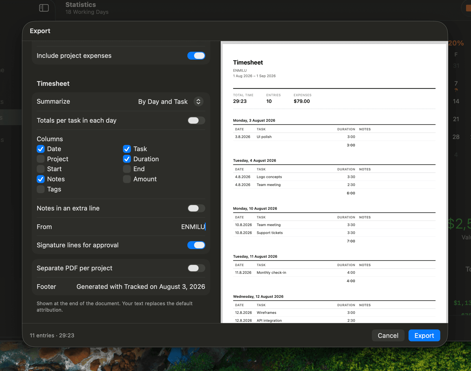 The export dialog with a live PDF timesheet preview