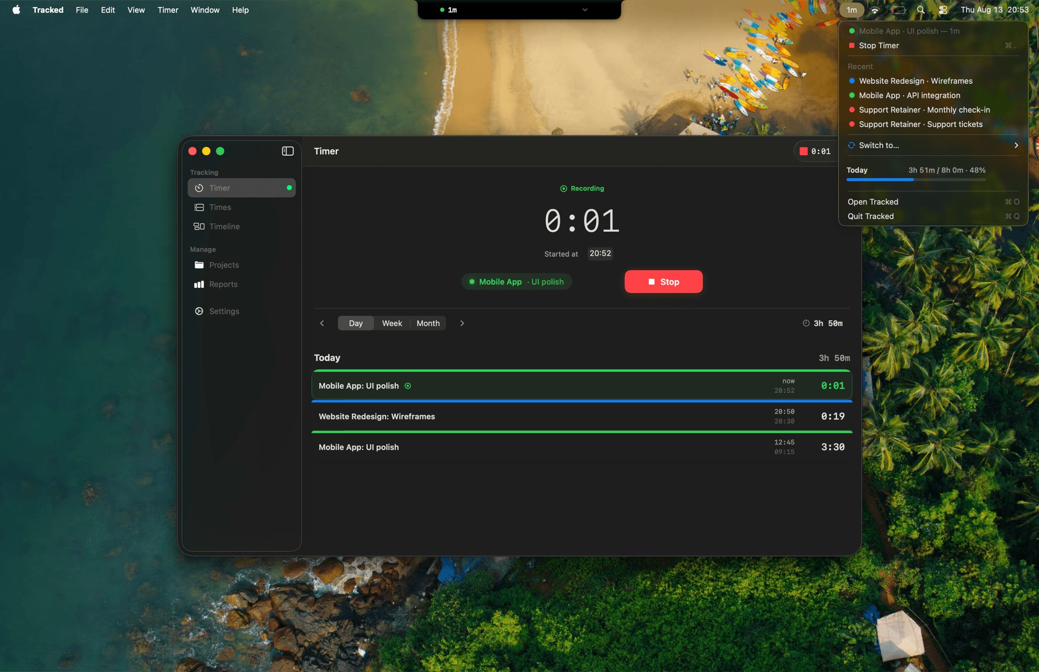 A Mac desktop with the Tracked app running a timer and the menu-bar dropdown open