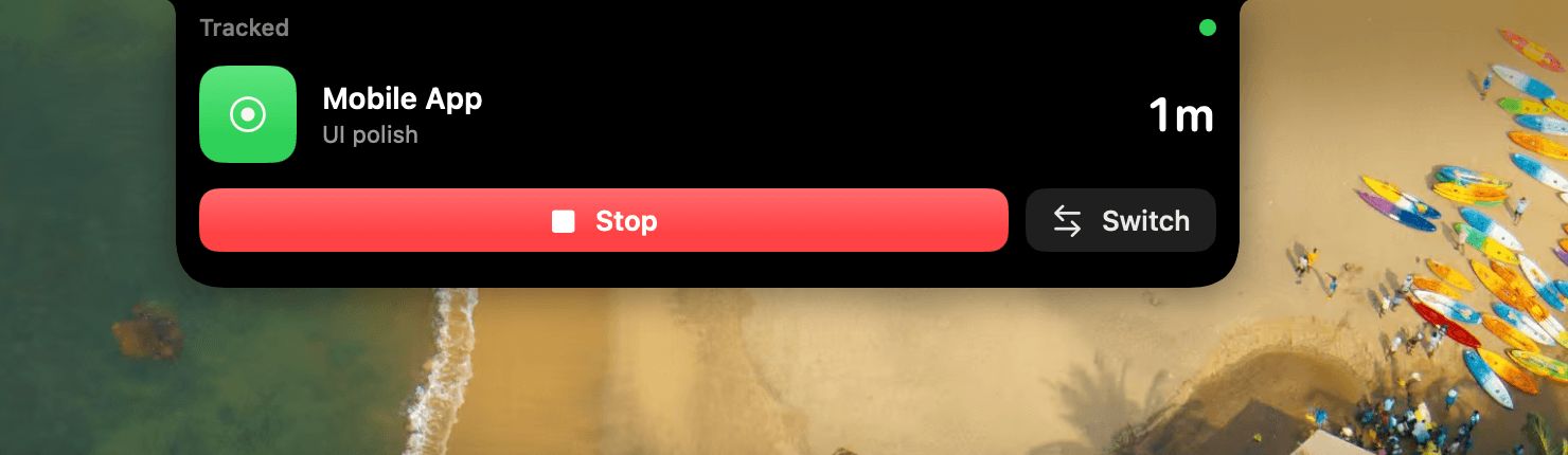 The Tracked menu-bar popover with a running timer and Stop and Switch buttons