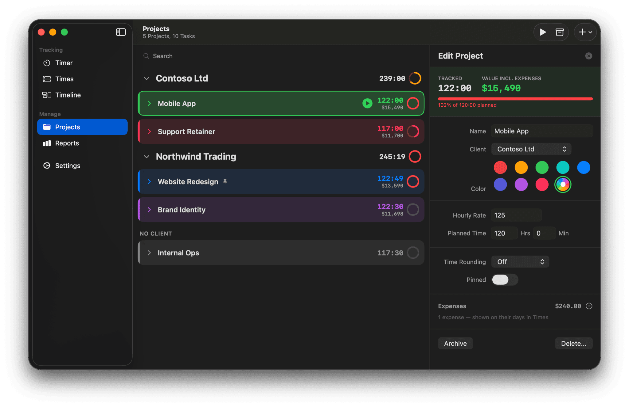 Projects on macOS with clients, tasks, budgets and billable value