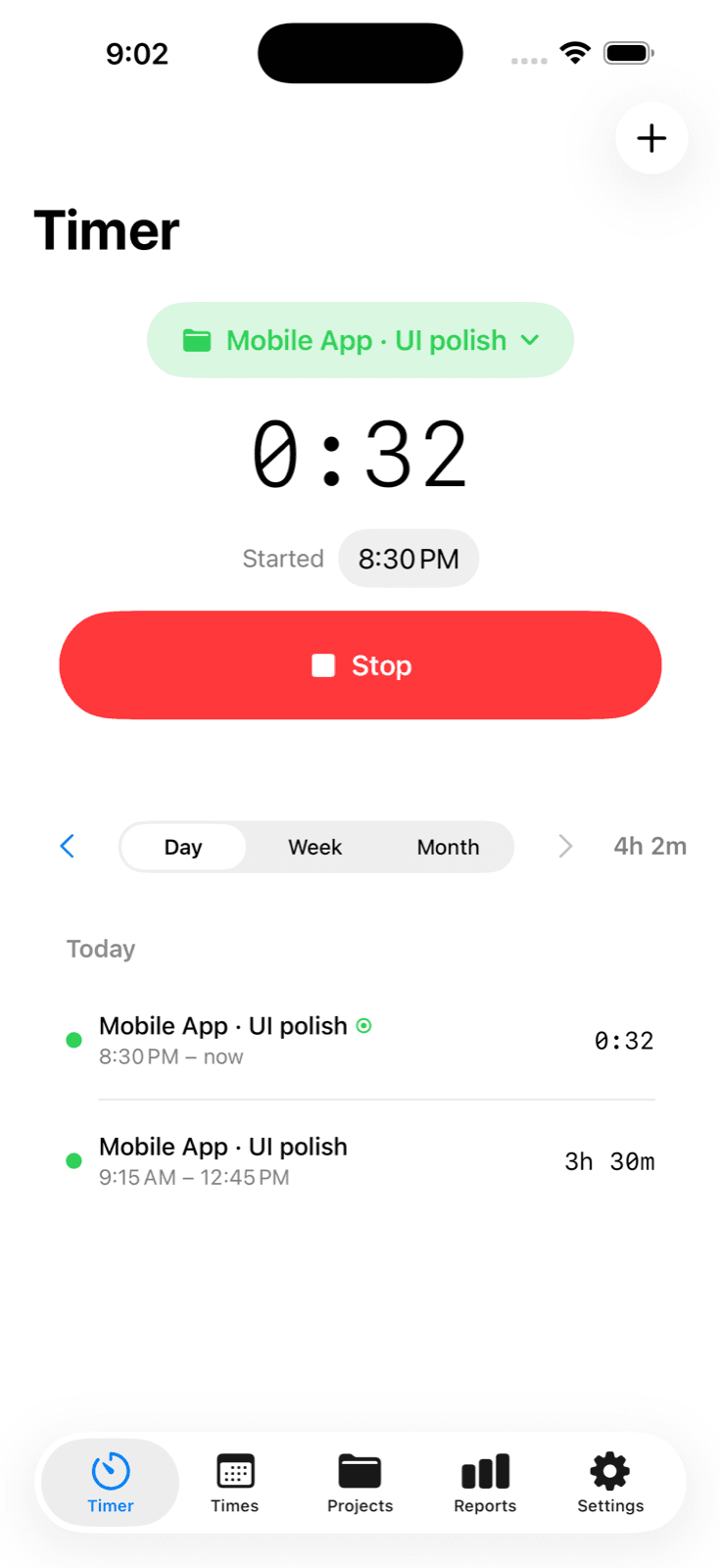 The Tracked timer running on iPhone
